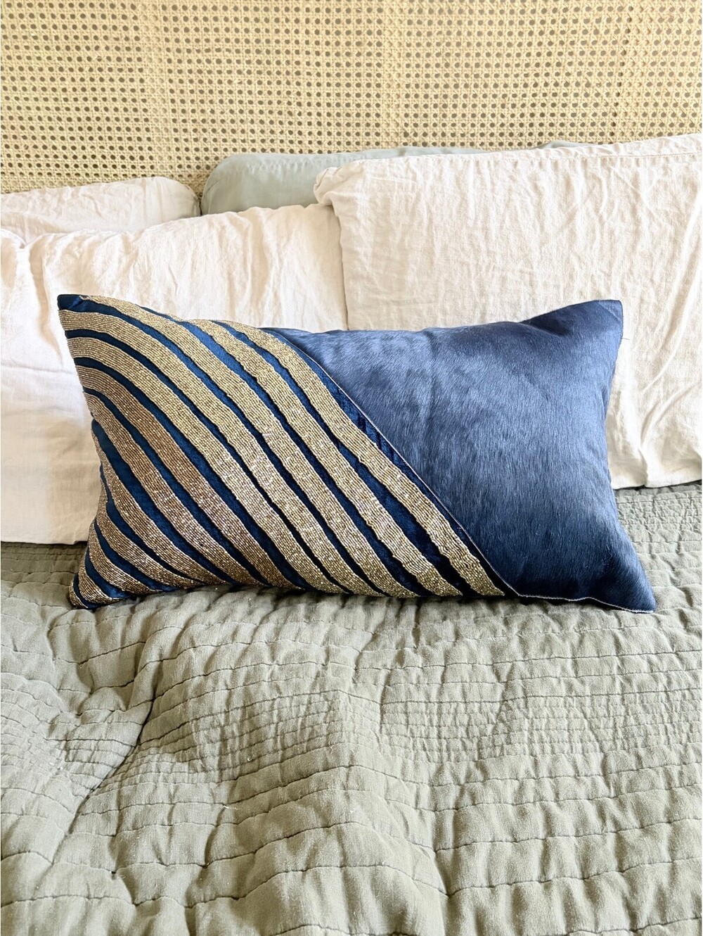 Decorative Pillow Callisto Home Navy Blue Cowhide Gold Beading